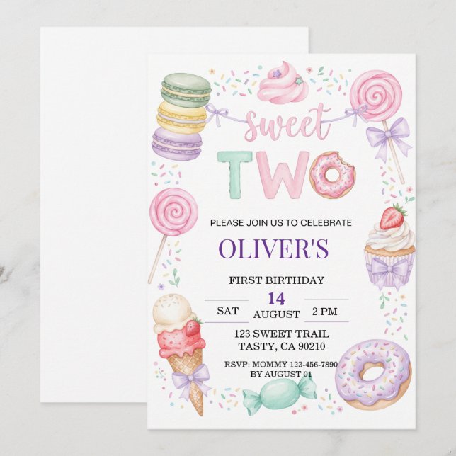 Sweet Two Pastel Dessert 2nd Birthday Invite (Front/Back)