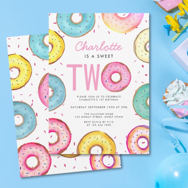 Sweet Two Watercolor Cute Doughnuts 2nd Birthday  Invitation (Creator Uploaded)