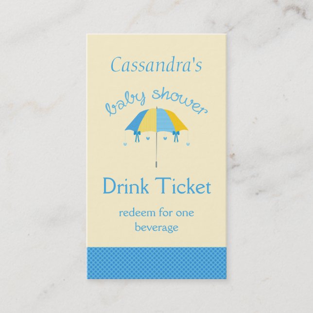 Sweet Umbrella Baby Shower Blue Drink Ticket (Front)