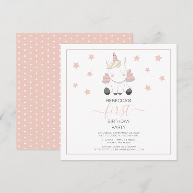 Sweet Unicorn And Stars Birthday  Invitation (Front/Back)