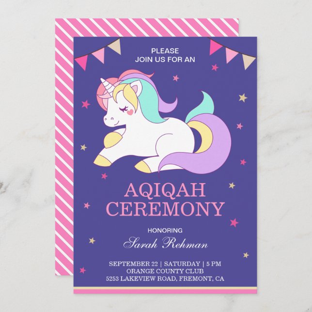 Sweet Unicorn Baby Girl Aqiqah Invitation (Front/Back)