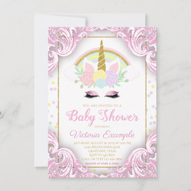 Sweet Unicorn Baby Girl Shower Invitations (Front)