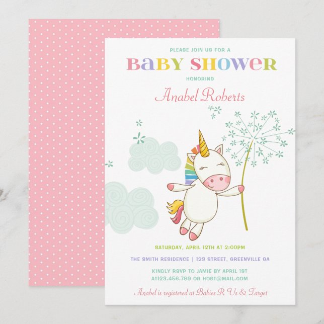 Sweet Unicorn Baby Shower Invitation Dandelion (Front/Back)
