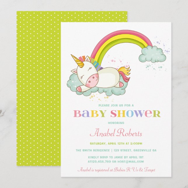 Sweet Unicorn Baby Shower Invitation Rainbow (Front/Back)