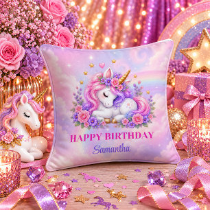 Sweet Unicorn Birthday Girl Pastel Rainbow Pillow