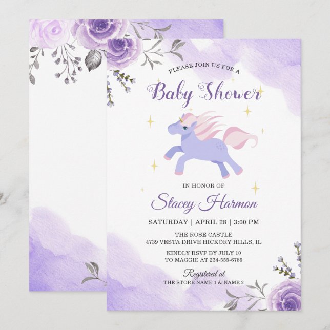 Sweet Unicorn Pastel Purple Floral baby shower Invitation (Front/Back)