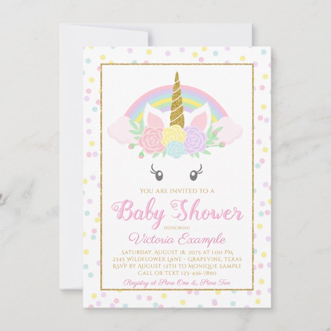 Sweet Unicorn Rainbow Baby Girl Shower Invitations (Front)