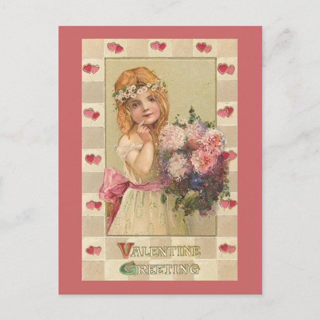 Sweet Valentine Girls with Floral Bouquets (2) Holiday Postcard (Front)