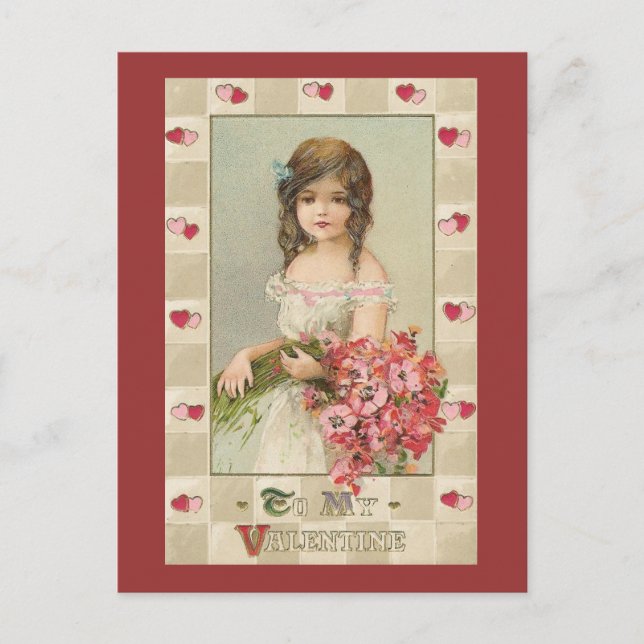 Sweet Valentine Girls with Floral Bouquets Holiday Postcard (Front)