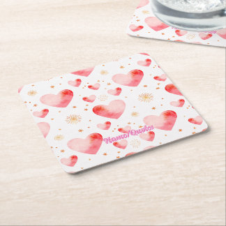 Sweet Valentine Heart Pattern with Golden Glitter Square Paper Coaster