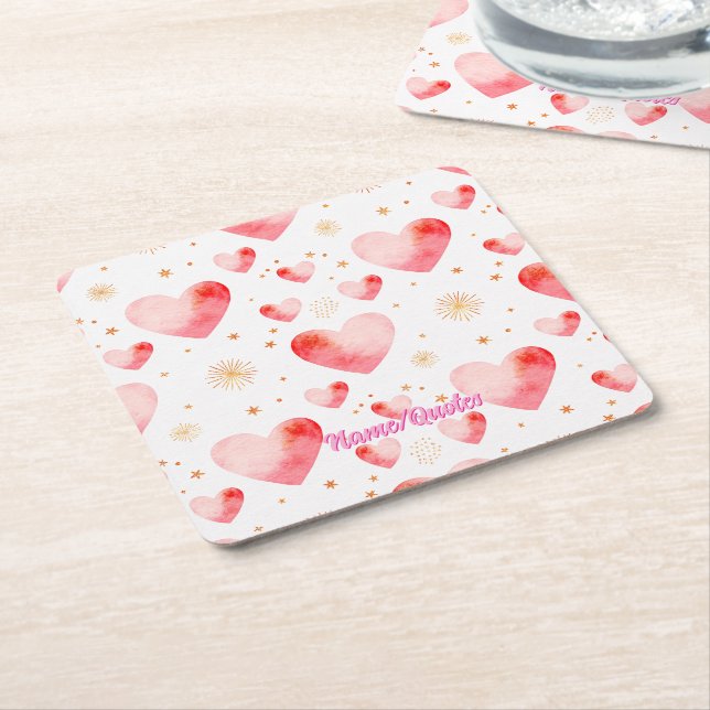Sweet Valentine Heart Pattern with Golden Glitter Square Paper Coaster (Angled)