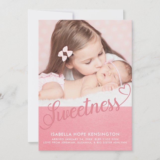 Sweet Valentine Typography Baby Girl Birth Photo Announcement (Front)
