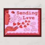 Sweet Valentine's Birthday Missing You Love Holiday Postcard<br><div class="desc">This pretty postcard features the silhouette of a person blowing kisses made of hearts and the words "Sending Love." It has a red lace border on two sides and a pink rose, with a heart border all around. This is an elegant postcard for the one you love and would be...</div>