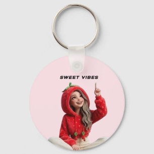 Sweet vibes Cute Strawberry hoodie girl Key Ring