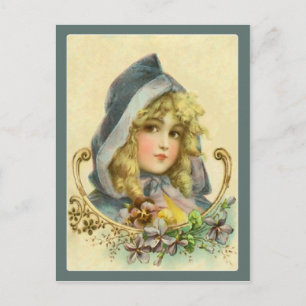 Sweet Victorian Girl in Blue Vintage Postcard