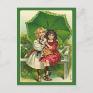 Sweet Victorian Girls in Green Vintage Postcard