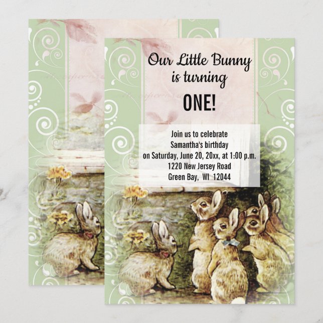 Sweet Vintage Bunny 1st Birthday Party Invitation (Front/Back)