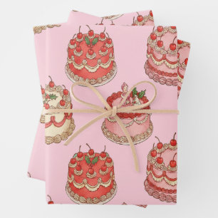 Sweet Vintage Cake and Cherries Pattern Wrapping Paper Sheet
