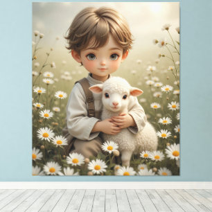 Sweet Vintage Child Portrait with Little Lamb Canvas Print
