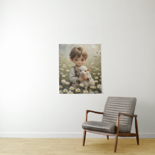 Sweet Vintage Child Portrait with Little Lamb Tapestry
