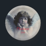 Sweet Vintage Christmas Angel Paper Plate<br><div class="desc">Beautiful vintage design of a sweet Christmas angel with soft white wings and rosy cheeks,  holding her face in her hands. Looking gentle and kind. The background is filled with soft ethereal clouds. Text says Christmas 2014 and you can customise /  personalise / delete the text,  however you like.</div>