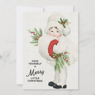 Sweet Vintage Christmas Girl with Greenery Holiday Card
