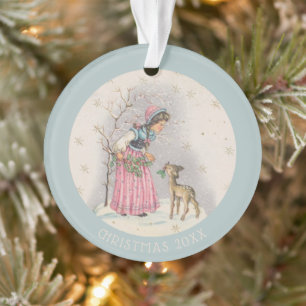 Sweet Vintage Christmas Scene Girl Fawn Ornament