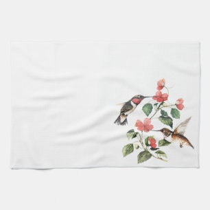 Sweet Vintage Floral Hummingbirds Pair Tea Towel