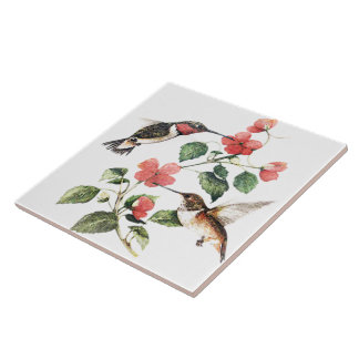 Sweet Vintage Floral Hummingbirds Pair Tile