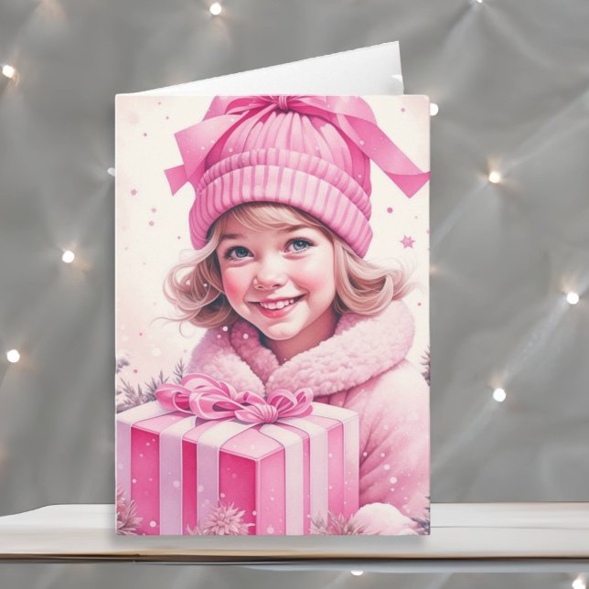 Sweet Vintage Girl Holding Gift Box Card (Creator Uploaded)
