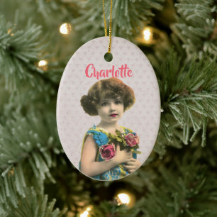 Sweet Vintage Girl With Flowers Personalised Ceramic Tree Decoration