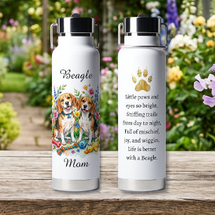 Sweet Watercolor Beagles in Flowers Personalised Water Bottle