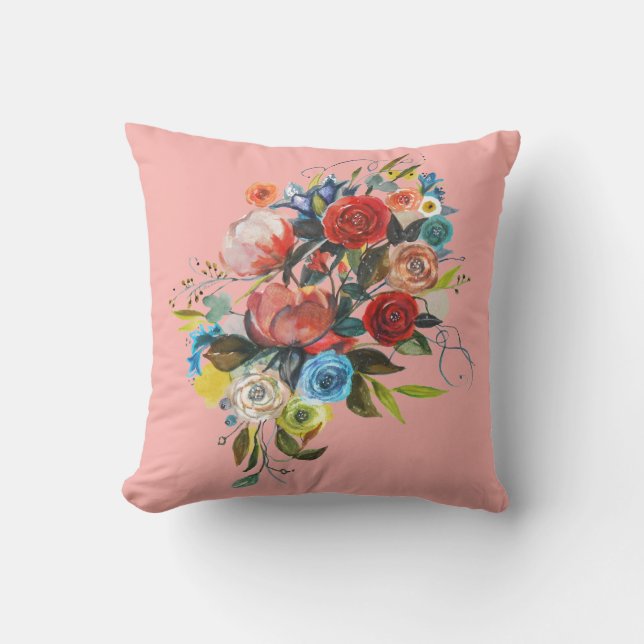 Sweet Watercolor Bouquet Coral Customisable Cushion (Front)
