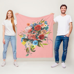 Sweet Watercolor Bouquet Coral Pink Customisable Fleece Blanket