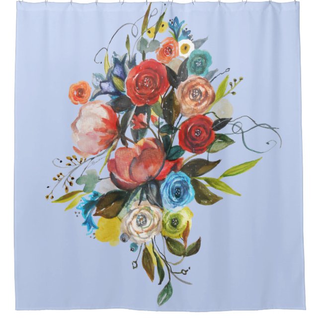 Sweet Watercolor Bouquet Periwinkle Customisable Shower Curtain (Front)