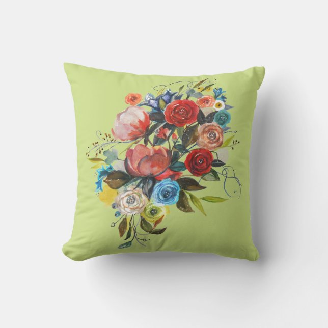 Sweet Watercolor Bouquet Spring Green Customisable Cushion (Front)