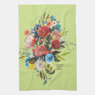 Sweet Watercolor Bouquet Spring Green Customisable Tea Towel