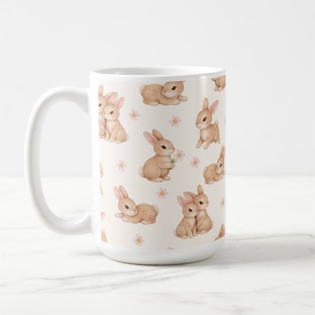 Sweet Watercolor Bunnies & Flowers Pattern Coffee Mug (Left)