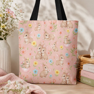 Sweet Watercolor Bunnies Spring Floral Pattern Tote Bag