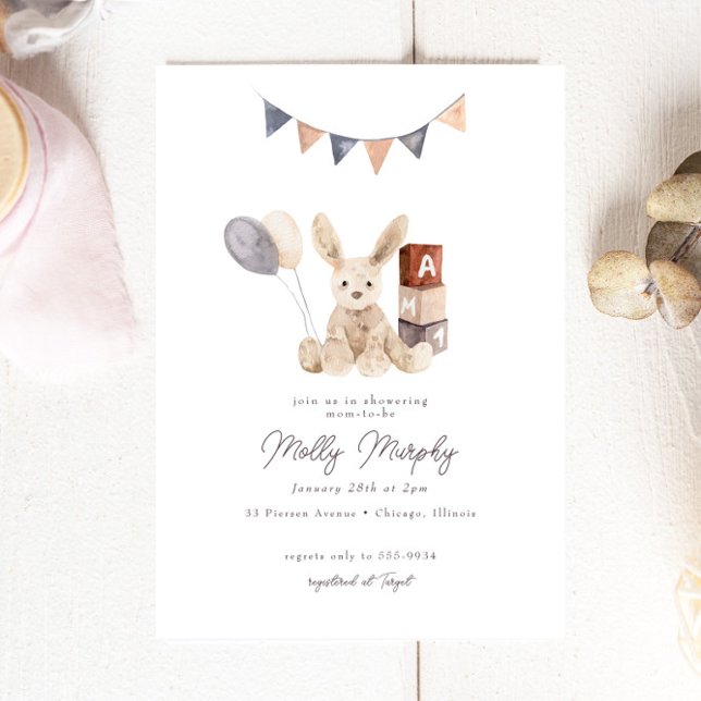 Sweet Watercolor Bunny Baby Toy Baby Shower Invitation (Creator Uploaded)
