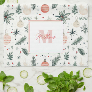 Sweet Watercolor Christmas Greenery Monogrammed Tea Towel