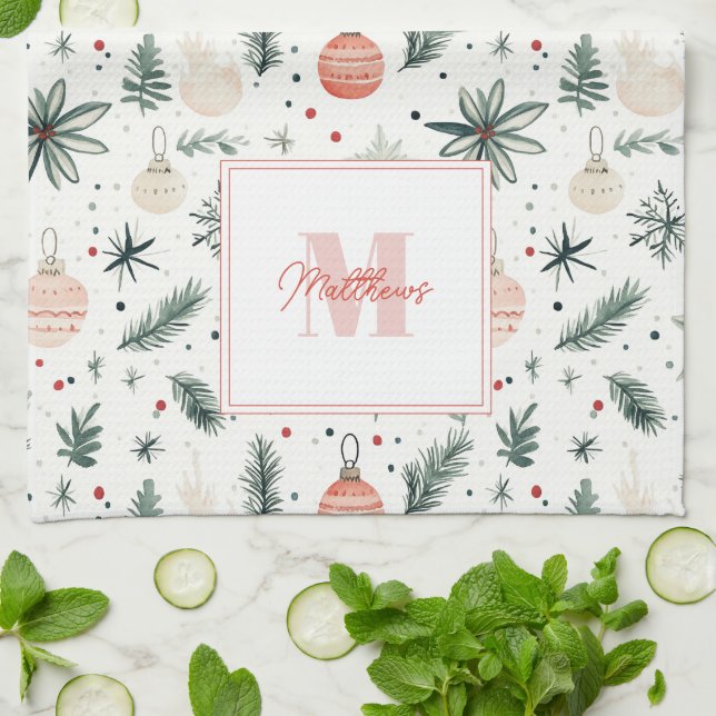 Sweet Watercolor Christmas Greenery Monogrammed Tea Towel (Folded)