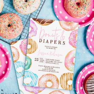 Sweet watercolor cute doughnuts diapers baby showe invitation