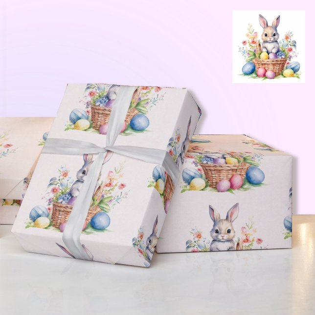 Sweet Watercolor Easter Bunny Basket Eggs Gift Wrapping Paper (Creator Uploaded)