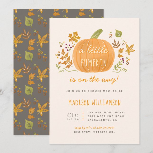 Sweet Watercolor Fall Little Pumpkin Baby Shower Invitation (Front/Back)