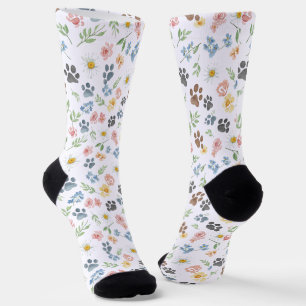 🐾 Sweet Watercolor Floral and Paw Print Socks