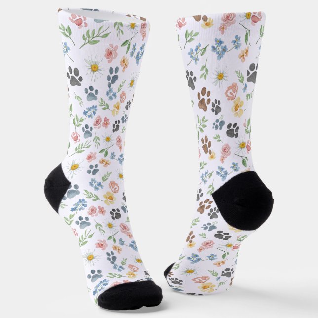 🐾 Sweet Watercolor Floral and Paw Print Socks (Angled)