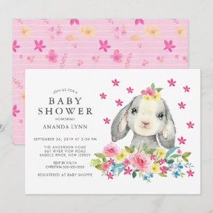 Sweet Watercolor Floral Bunny Baby Girl Shower Invitation