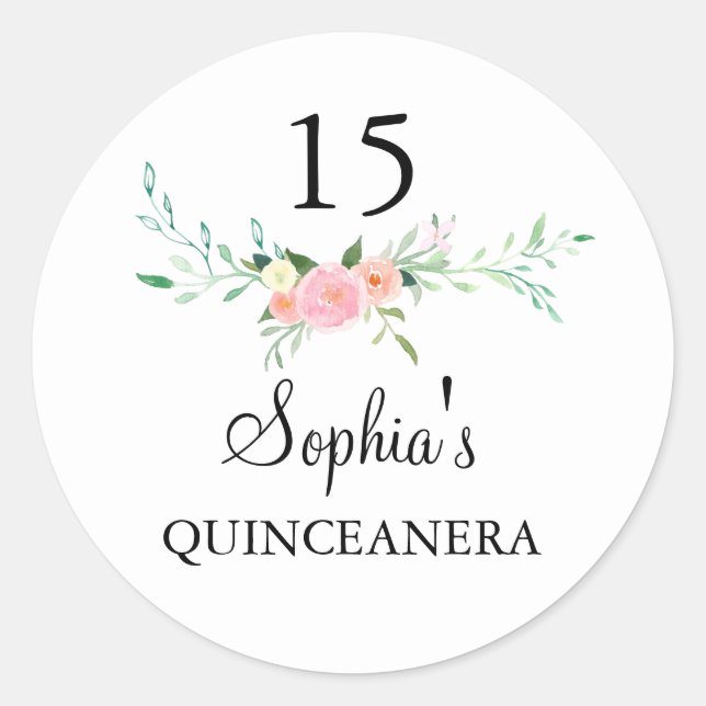 Sweet Watercolor Floral Pink Quinceanera Sticker (Front)