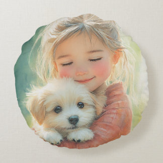 Sweet Watercolor Girl and Puppy Pillow
